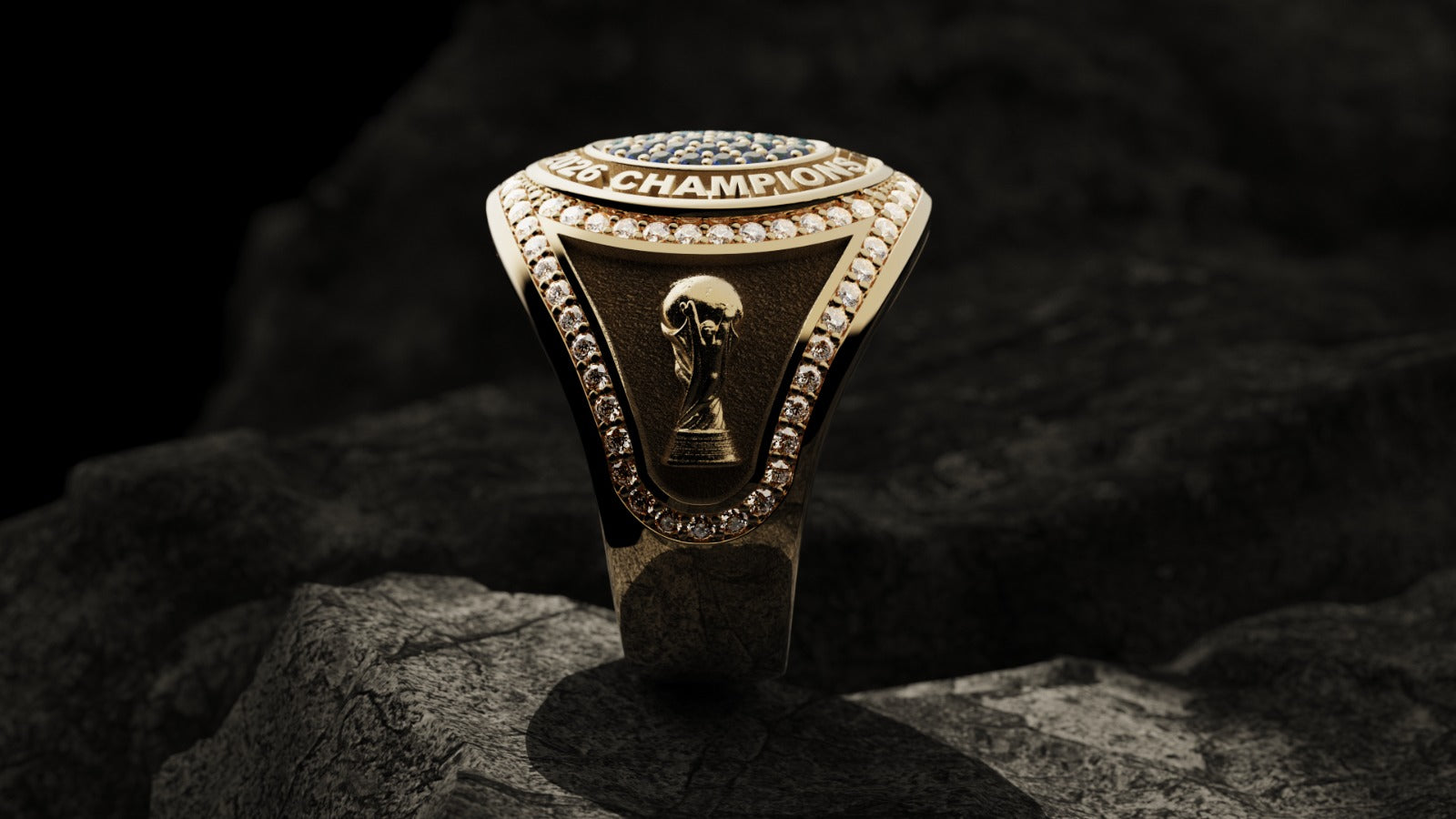 FIFA World Cup 2026™ Champions Ring — trophy relief and diamond pavé, side view